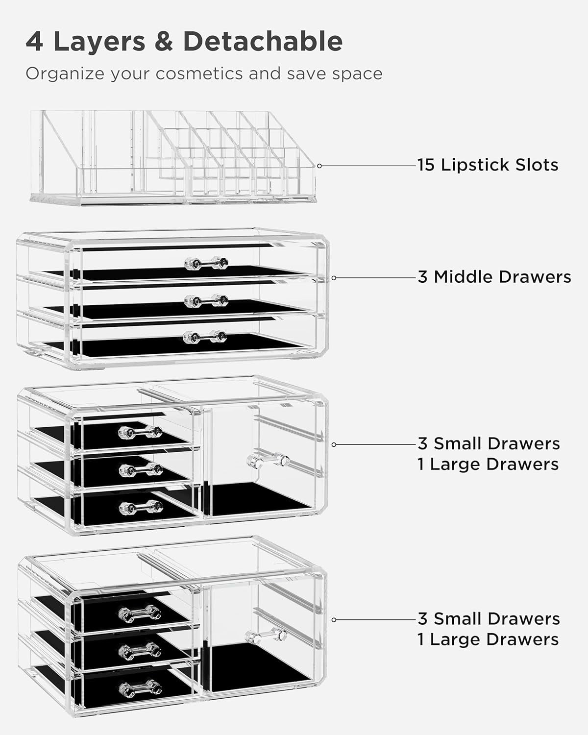 Acrylic Clear Dustproof Makeup Storage Organizer Drawers Large Skin Care Cosmetic Display Cases for Bathroom Stackable Storage Box with 11 Drawers for Vanity (Clear)