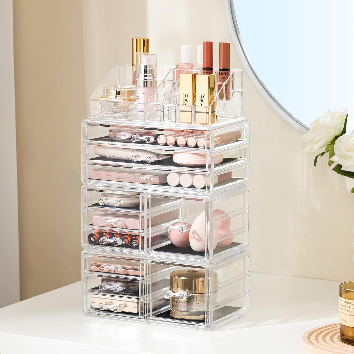 Acrylic Clear Dustproof Makeup Storage Organizer Drawers Large Skin Care Cosmetic Display Cases for Bathroom Stackable Storage Box with 11 Drawers for Vanity (Clear)
