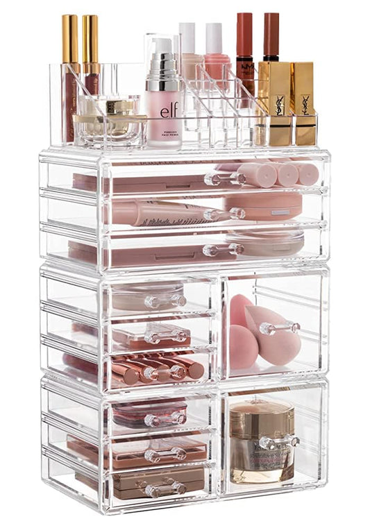 Acrylic Clear Dustproof Makeup Storage Organizer Drawers Large Skin Care Cosmetic Display Cases for Bathroom Stackable Storage Box with 11 Drawers for Vanity (Clear)